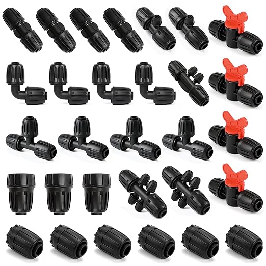 30 Pack 1/2 Inch Drip Irrigation Fittings Kit (1/2" ID x 0.6-0.65" OD), 1/2" Dripline Lock Nut Barbed Connectors - 4 Tees, 4 Couplings, 4 Elbows, 4 Valves, 6 Plugs, 3 Adapters, 5 Reducers