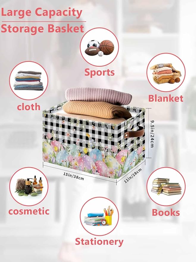 Spring Easter Flowers Storage Bins Cubes Waterproof Cloth Storage Basket,Farmhouse Floral Black Buffalo Plaid Foldable Storage Bags for Shelf Clothes Storages Organizers with Handles 15x11x9.5 in 1PCS