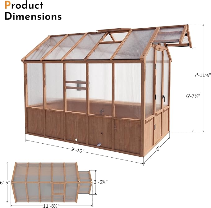 Modern Shade EverBloom 6.5'x10' Wooden Greenhouse, 8' Extra-Tall Cedar Wood Greenhouse with Built-in Outdoor Faucet Kit, Heavy Duty Greenhouse with Built-in Shelving, Power Strip & Ventilation System