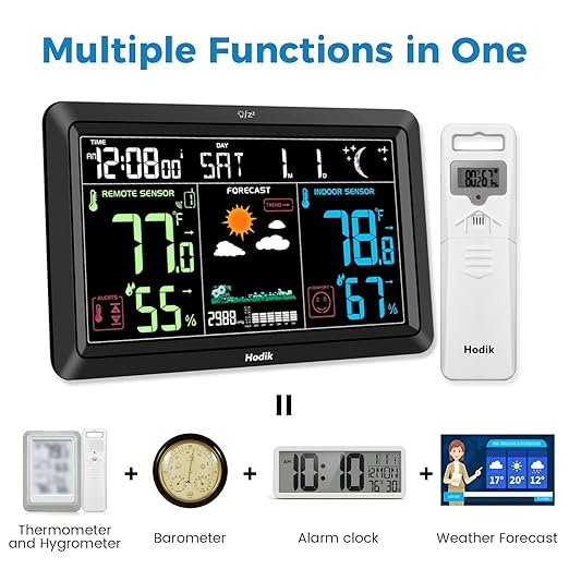 Weather Station Atomic Clock Indoor Outdoor Thermometer Wireless, Barometer Humidity Temperature Monitor Hygrometer with High Precision Sensor Black