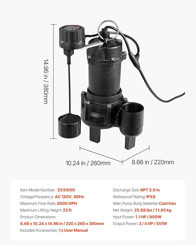 VEVOR Submersible Sewage Pump, 3/4 HP, 6000 GPH Cast Iron Sewage/Effluent Pump with Automatic Tethered Float Switch, 2-Inch NPT Discharge, 120V, 23 ft Max Lift, for Basement, Septic Tank, Residential