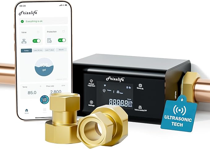 Frizzlife LP365 Smart Water Monitor and Automatic Shutoff - 0.01GPM Ultrasonic Micro Leak Detection, APP Wi-Fi Remote Control, Real-Time Flow/Temp Monitoring, 24/7 Water Usage Reports, 1.25" and 1"