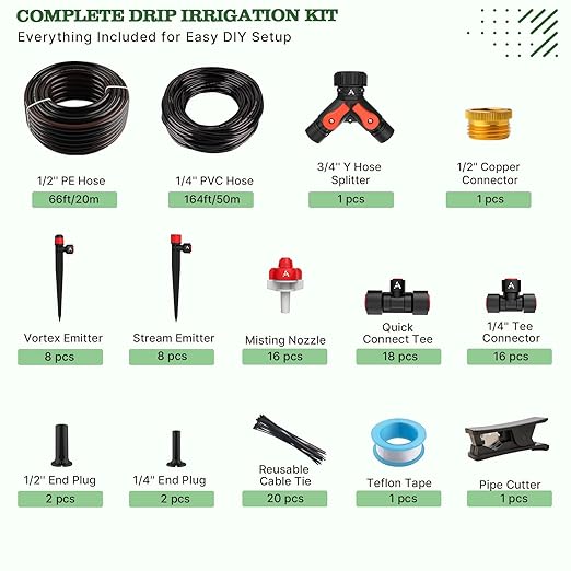 A ANLEOLIFE 230FT Drip Irrigation System Kit, Complete Garden Watering System with 1/2” & 1/4” Quick-Connect Tubing, 32 Adjustable Emitters for Raised Beds, Lawn, Greenhouse, Potted Plants