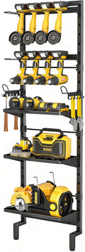 BUKFEN Garage Tool Storage Rack, Wall Mount 5-Tier Heavy Duty Metal Organizer with 8 Drill Holder Slots, Adjustable Shelves, Side Hooks Workshop Utility 1 Pack Black Vertical Space-Saving Organization