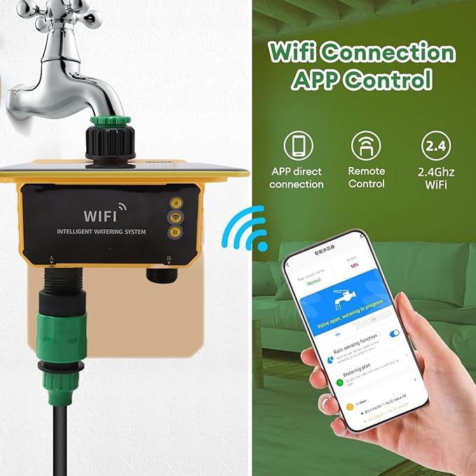 Luqeeg WiFi Sprinkler Timer, Solar Powered Rain Delay App Control 2 Zone Solar Watering System with Accuracy Filter, Sprinkler System | Irrigation Timer for Yard Balcony Garden