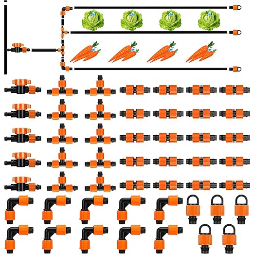 Tondiamo 50 Pcs Garden 5/8" Drip Irrigation Tape Tubing Fittings Kit Include Connector, Tee Coupling, Elbows, End Cap, On/Off Valve Barb for Most 16-17 mm Tubing Irrigation System (Orange)