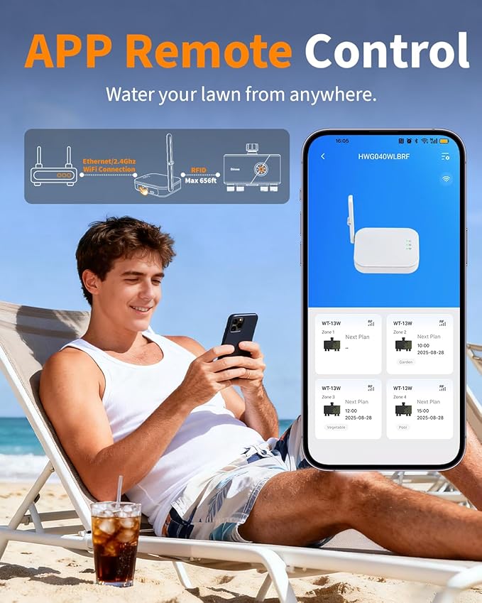 Diivoo WiFi Water Timer for Garden Hose, 4 Zone Smart Sprinkler Timer with Brass Inlet, Ethernet & 2.4GHz WiFi Connection, Compatible with Alexa/Google, 24 Irrigation Plans & Rain Delay Mode for Lawns