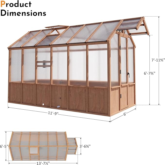 Modern Shade EverBloom 6.5'x12' Wooden Greenhouse, 8' Extra-Tall Cedar Wood Greenhouse with Built-in Outdoor Faucet Kit, Heavy Duty Greenhouse with Built-in Shelving, Power Strip & Ventilation System