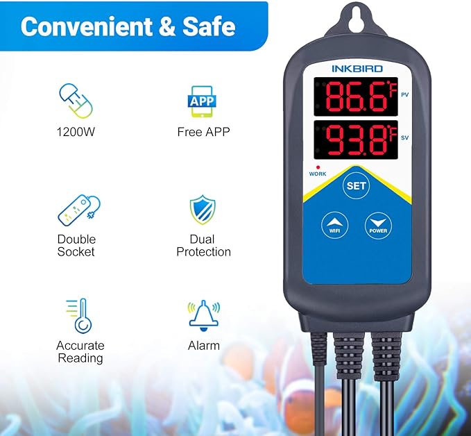 Inkbird ITC-306A WiFi Temperature Controller, Wi-Fi Aquarium Thermostat Heater Controller 120V~1200W Temperature Control with Two Probes only for Heater Aquarium Breeding Reptiles Hatching.