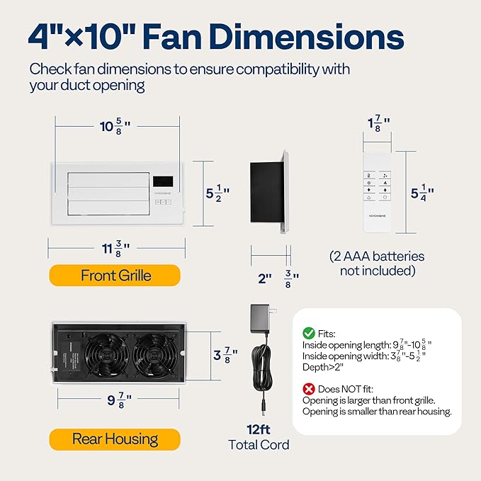 VIVOHOME Register Booster Fan - 4'' x 10'' Opening with Adjustable Louver - Smart Thermostat & 10-Speed WIFI App Control - AC Vent Fan for Floor, Ceiling, Wall - Quiet Operation (White)