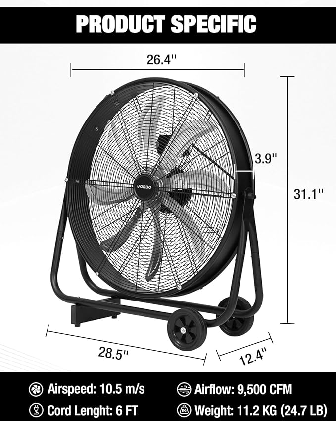 24 Inch Industrial Drum Fan, 9,500 CFM High Velocity 3-Speed Heavy Duty Metal Air Circulator with Casters Handle for Basement Warehouse Factory Workshops Patios