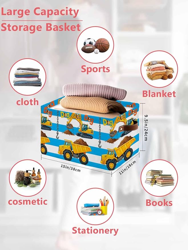 Blue Striped Yellow Truck Storage Bins Cubes Waterproof Cloth Storage Basket, Farmhouse Stripes Modern Art Foldable Storage Bags for Shelf Closet Clothes Organizers with Handles 15x11x9.5 in 1PCS