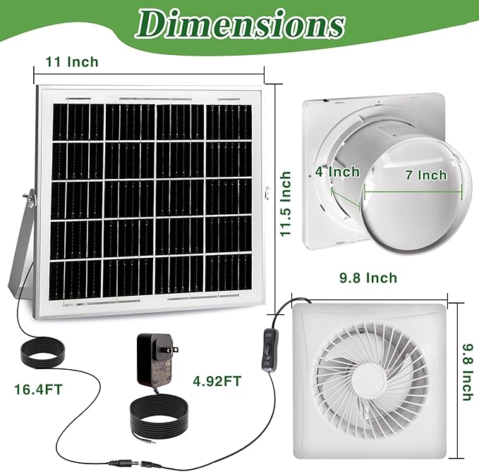 Solar Exhaust Fan, 25W Solar Panel + 8" Ventilation Vent Fan, with Power Adapter, Anti-backflow Valve, High Speed Solar Powered Exhaust Fan for Shed, Chicken Coop, Greenhouse, Dog House (White)