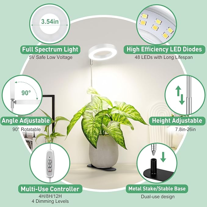 LORDEM Plant Grow Light, Full Spectrum Halo Desk Light, Height Adjustable 7.8"-26", LED Growing Lamp, Automatic Timer 4H/8H/12H, 4 Level Dimmable, Ideal for Indoor Plants, White, 1 Pack