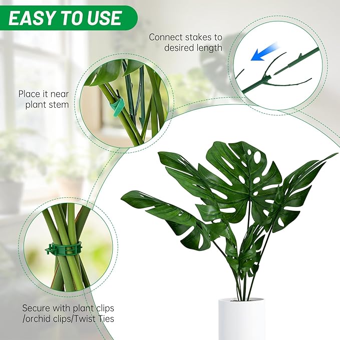 10 Pack Stackable Monstera Plant Support Stakes with 2 Rolls Velcro Ties & 20 Clips, Adjustable Plant Stakes for Indoor Plants, Plant Sticks Support Tall Pothos Climbing