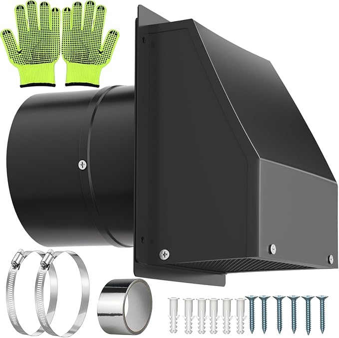 10 Inch Hooded Wall Vent with Screen and Damper, Outdoor Wall Exhaust Vent Cover Cap for Residential Housing Kitchen Rangeand Outside Air Exhaust, Galvanized Steel,Widely Applicable, Black