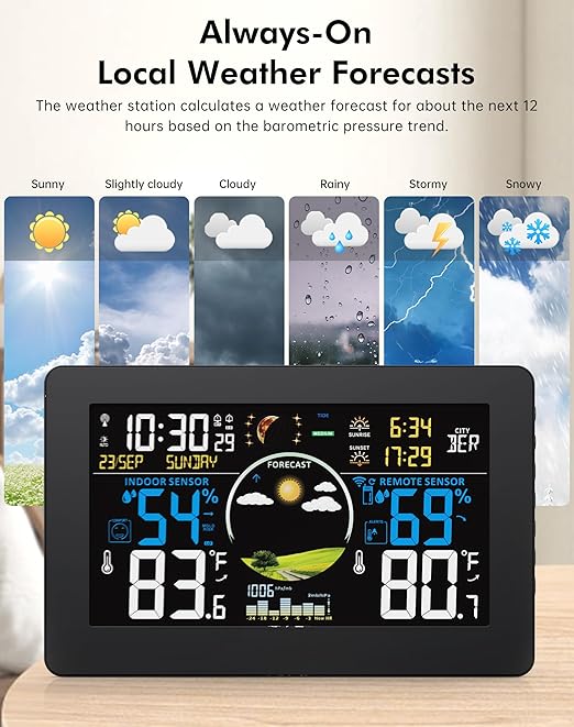 Weather Station Wireless Indoor Outdoor Thermometer, 7.5" VA Display with Remote Sensor, Home Weather Station with Weather Forecast, Temperature, Humidity, Atomic Clock, Black