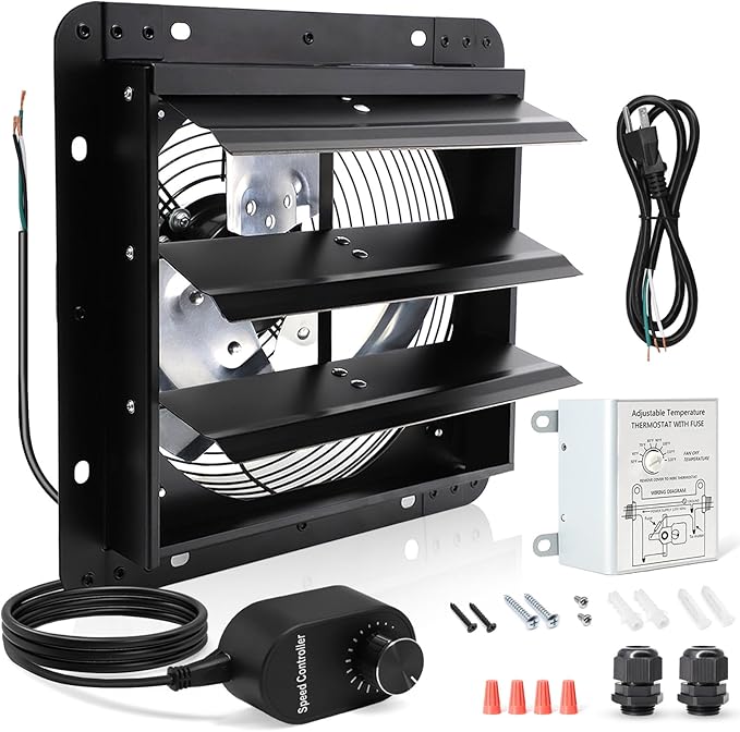 Shutter Exhaust Fan with Thermostat & Speed Control, 1088 CFM,1700RPM, Upgrade 14 inch Wall Mount Attic Vent Fan for Chicken Coops, Greenhouse, Gable, Barn, Garage, Shed Ventilator