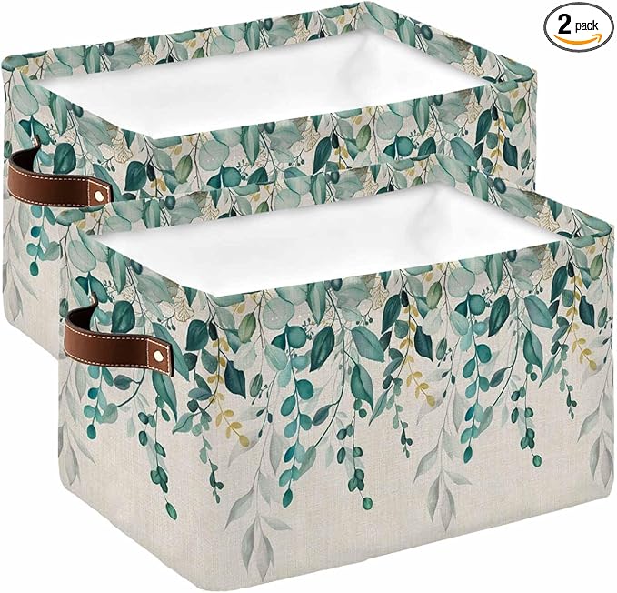 Teal Green Eucalyptus Storage Bins Cubes Waterproof Cloth Storage Basket,Farmhouse Weeping Leaves Linen Foldable Storage Bags for Shelf Clothes Storages Organizers with Handles 15x11x9.5 in 2PCS