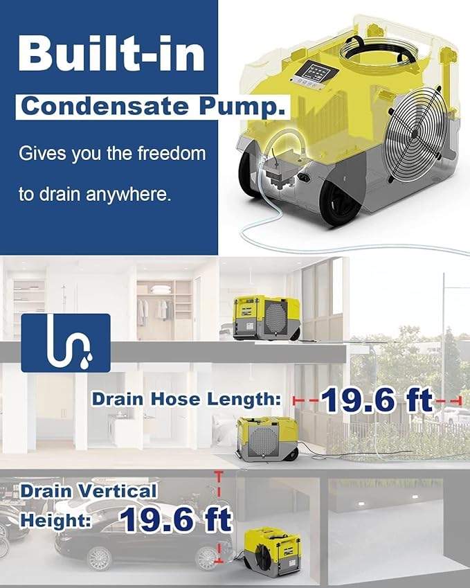 ALORAIR 264 PPD LGR Commercial Dehumidifier High Performance Industrial Dehumidifier with Pump, Compact, Portable Industrial dehumidifier for Water Damage Restoration, Yellow