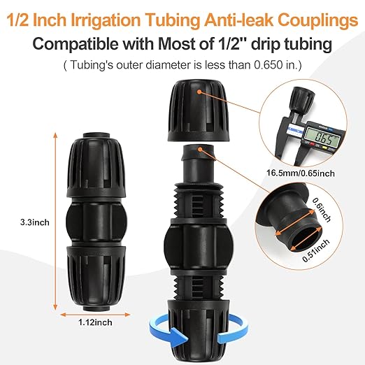 21 Pieces1/2 Inch Drip Irrigation Fittings Kit, 1/2'' Drip Line Barbed Locked Connectors for 1/2 Inch Irrigation Tubing (1/2" ID x 0.650" OD) Coupling Tee Elbow Plug Valve Faucet Adapter