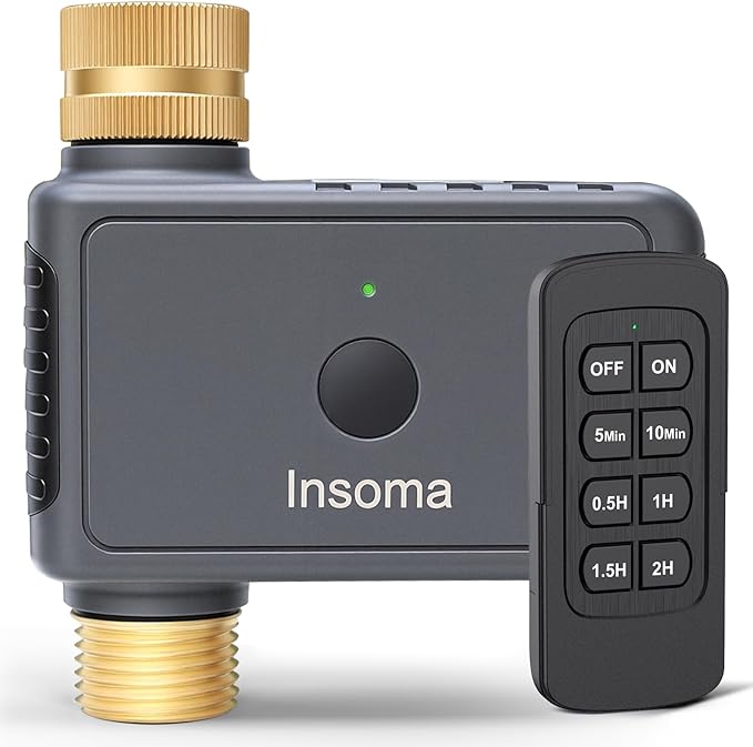 Insoma Remote Control Sprinkler Timer with Brass Inlet & Outlet, Garden Hose Timer Turns Water Off Automatically, Up to 120 Minutes of Run Time, for Faucet, Lawn, Drip, Soaker Hose, IP55 Waterproof