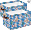 Pink Animals Coastal Storage Bins Cubes Waterproof Cloth Storage Basket, Blue Checkered Farmhouse Ocean Foldable Storage Bags for Shelf Closet Clothes Organizers with Handles 15x11x9.5 in 2PCS