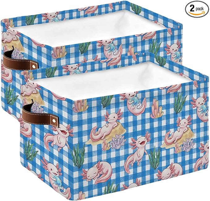 Pink Animals Coastal Storage Bins Cubes Waterproof Cloth Storage Basket, Blue Checkered Farmhouse Ocean Foldable Storage Bags for Shelf Closet Clothes Organizers with Handles 15x11x9.5 in 2PCS