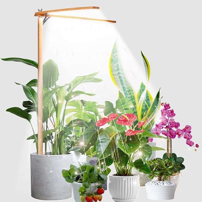 bodkar Wooden Grow Lights for Indoor Plants Full Spectrum, Slim Indoor Plant Growing Light with 6000K White Red LEDs 2-Head (Without Timer/Dimming)