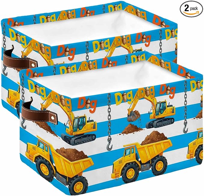 Blue Striped Yellow Truck Storage Bins Cubes Waterproof Cloth Storage Basket, Farmhouse Stripes Modern Art Foldable Storage Bags for Shelf Closet Clothes Organizers with Handles 15x11x9.5 in 2PCS
