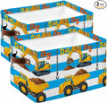 Blue Striped Yellow Truck Storage Bins Cubes Waterproof Cloth Storage Basket, Farmhouse Stripes Modern Art Foldable Storage Bags for Shelf Closet Clothes Organizers with Handles 15x11x9.5 in 2PCS