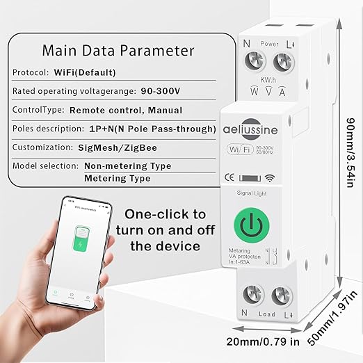 WiFi Smart Switch Breaker, 1-63A Adjustable Wifi Breaker for Whole House Monitoring, APP Remote Control Monitor Voltage Power Energy Usage, Compatible with Alexa Google Home, DIN Rail Mountable(2 PCS)
