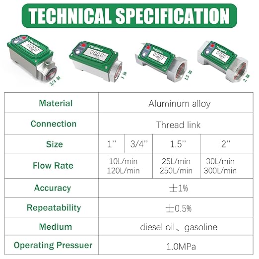 1" Digital Turbine Fuel Flow Meter, 2.6–26 GPM Inline NPT Flowmeter with LCD Display and 3/4" Adapters,For Diesel,Gasoline,Kerosene, Water and Other Liquids –Supports Gallon, L, QTS, PTS, m³ (1"&3/4")