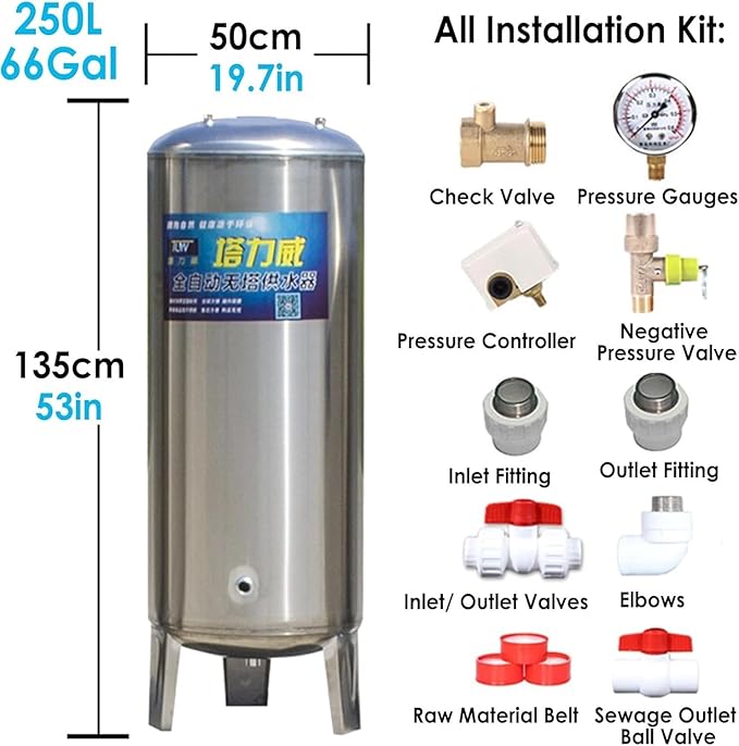 Pressurized Water Tank Well Pressure Tank 60gal 50gal 40gal 26gal Deep Well Pressure Tank with Installation Kit, Home/Garden Water Storage Tanks Pressurized Stainless Steel for Well Pump(155x60cm/61x2