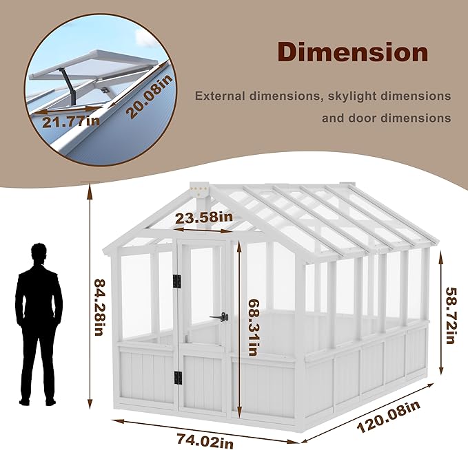 Yardenaler 6x10 FT Green House for Outdoor, Thicken Polycarbonate Panel Wooden Walk-in Greenhouse Kit with Lockable Door and Adjustable Roof Vent, Backyard Garden, White