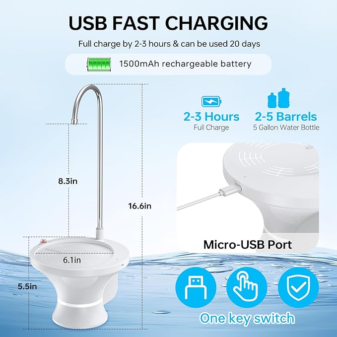 Water Dispenser for 5 Gallon Bottle, Electric Drinking Water Bottle Pump for 2-5 Gallon Jugs, USB Rechargeable Water Pump with 2 Switch Control for Home, Office, Camping