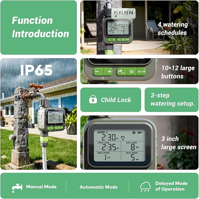 NexusLab Sprinkler Timer, 4 Customizable Programs Sprinkler Drip Irrigation, IP65 Waterproof, Auto Rain Delay Manual Mode, Child Lock (Watering Sprinkler)
