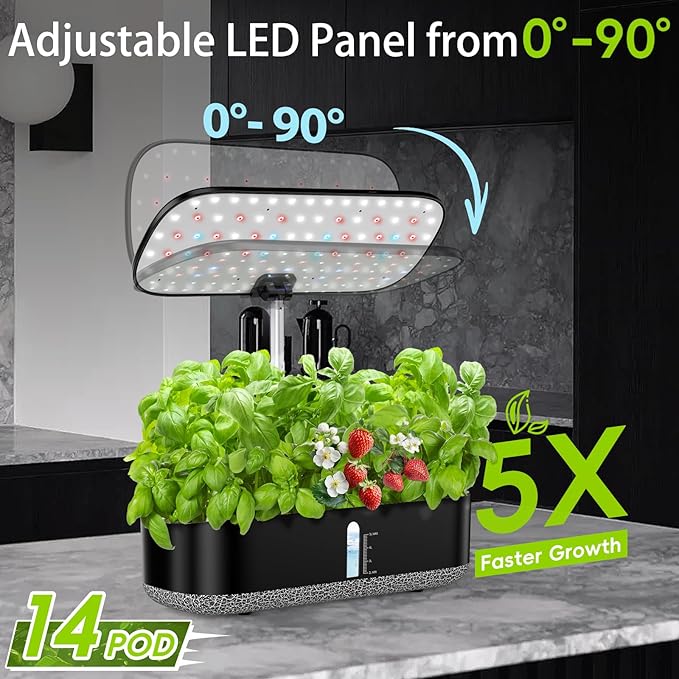 Hydroponics Growing System with LED Grow Light, 14 Pods Indoor Herb Garden Full Spectrum Rotatable Light Panel, Auto On Off Timing 12 14 16Hrs, 5L Water Tank, Harvest Fresh Basil Tomato (Black)