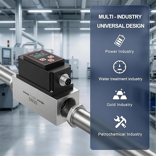 Micro Turbine Flow Meter 4-20mA Flow Transmitter with Temperature Sensor, OLED Display,Stainless Steel Industrial Flow Meter for for Water Industrial Liquids-DN20