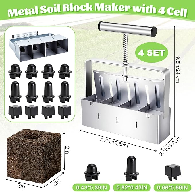4 Pack Soil Blockers 2 Inch 4 Cell Soil Block Maker with 3 Sizes Seed Pins Comfortable Handle Handheld Blocking Tools for Seeds Starting Grow Seedling Cuttings Greenhouses Garden Outdoor