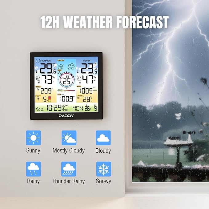 Raddy WF-120C Professional Wi-Fi Weather Station Wireless, Indoor Outdoor Temperature & Humidity Monitor with 10" Digital Color Display, Rain Gauge, Wind Speed, Weather Forecast, UV & Light Index