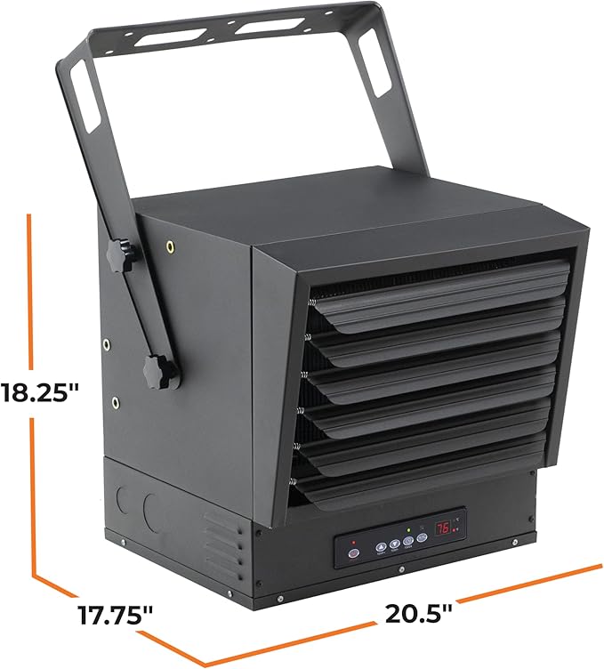 Comfort Zone 10,00W Hard-Wired Garage Heater – Industrial & Commercial Ceiling Mount, 240V Fan-Forced Heater with Remote, Digital Thermostat, Timer, 2 Heat Settings, Overheat Protection, Black