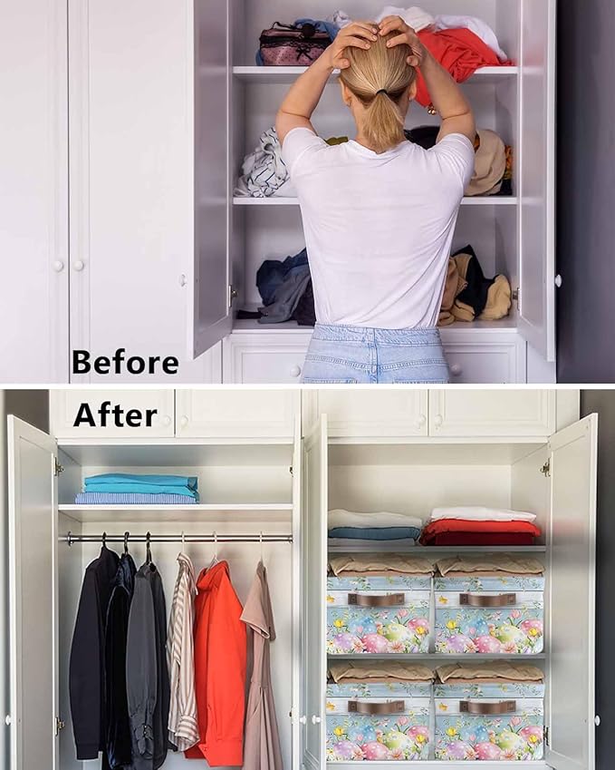 Easter Eggs Storage Bins Cubes Waterproof Cloth Storage Basket,Spring Daisy Eucalyptus Leaves Light Blue Wood Foldable Storage Bags for Shelf Clothes Storages Organizers with Handles 15x11x9.5 in 2PCS