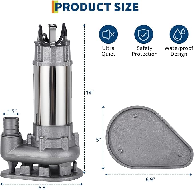 1/2 HP Submersible Sewage Pump, 6600 GPH Heavy Duty Cast Iron Effluent Pump with Automatic Tethered Float Switch, Sump Pump for Sump Basin, Basement, Residential Use