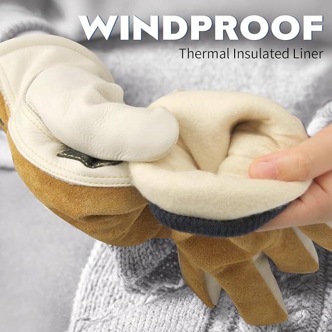 Mens Winter Work Gloves Insulated Waterproof Leather, Thinsulate Thermal Lining with Anti-Slip Palm for Cold Weather