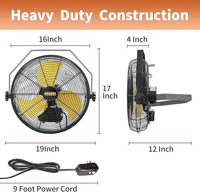 HiCFM 2pcs 14" Outdoor Wall Mount Fan, 2600 CFM 3-Speed High Velocity Weatherproof Wall-Mounted Fans with IP44 Motor and Manual GFCI Plug for Patios, Greenhouse, and Gazebo - UL Listed