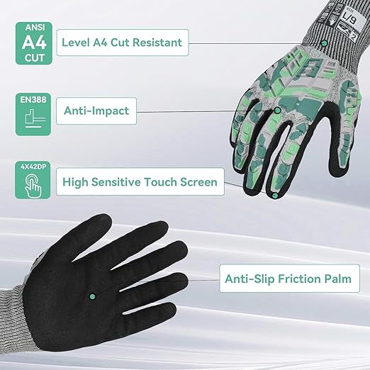 Safety Work Gloves, Impact Gloves for Men Women, Cut Resistant Non-Slip Heavy Duty Gloves with Nitrile Grip, Touch Screen Glove with Impact Protection for Mechanic Construction, Medium, Camo