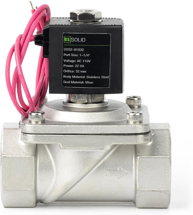 U.S. Solid 1-1/4" Stainless Steel Solenoid Valve - 110V AC Normally Closed Electric Solenoid Valve with Viton Seal, Lead Wire Type