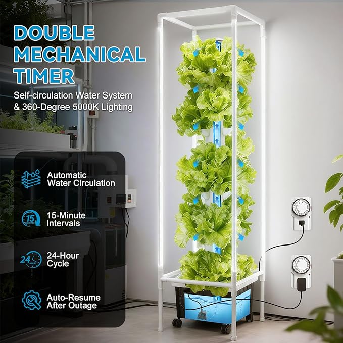 JESLED Hydroponic Tower with Tent, Hydroponics Growing System with 5000K Full-Spectrum Grow Lights, Dual Timers for Auto Watering & Lighting, Grows 45 Herbs & Vegetables, 20L Water Tank, High 66.2"