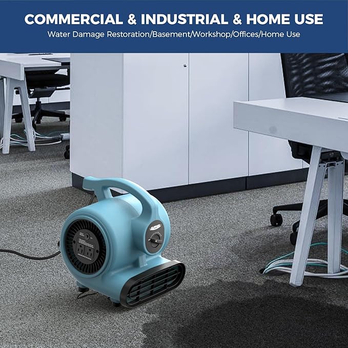 ALORAIR 600 CFM Air Mover Blower Fan for Industrial, Workshop, and Home Use - 3 Speeds, 5 Adjustable Angles and Daisy Chain - Ideal for Water Damage Restoration and Plumbing - GF600A Blue